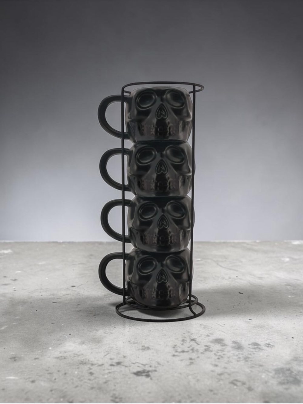 Matte Black Skull Stackable Mug Set with Stand
